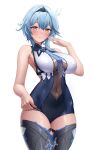  1girl absurdres bare_arms bare_shoulders blue_hair blue_neckwear blush bodystocking breasts center_opening covered_navel cowboy_shot eula_(genshin_impact) genshin_impact hairband half-closed_eyes highres large_breasts leotard looking_at_viewer necktie shuumatsu_no_uchuu simple_background sleeveless solo thigh-highs white_background yellow_eyes 