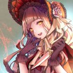  1girl bangs black_gloves blonde_hair blunt_bangs blush flower gloves hair_flower hair_ornament happy headdress holding holding_knife knife kyashii_(a3yu9mi) little_red_riding_hood_(sinoalice) long_hair looking_at_viewer open_mouth orange_eyes ribbon rose sidelocks sinoalice solo yandere 