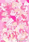  6+girls :d apron blonde_hair bob_cut bow cigarette closed_mouth dress girls_in_the_hell glasses hair_bow hair_bun highres hug kawai_rou loafers long_hair looking_at_viewer miniskirt mouth_hold multiple_girls neckerchief open_mouth own_hands_together parted_lips pink_theme school_uniform semi-rimless_eyewear serafuku shoes short_dress skirt smile socks thigh-highs twintails under-rim_eyewear wristband yuri 