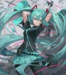  1girl absurdres aircraft airplane aqua_eyes aqua_hair aqua_neckwear aqua_skirt armband arms_behind_head arms_up belt black_legwear black_shirt broken cable chyoel commentary cowboy_shot floating_hair hair_ornament hatsune_miku highres koi_wa_sensou_(vocaloid) light_frown long_hair megaphone miniskirt necktie pleated_skirt shirt short_sleeves sideways_glance skirt solo standing tower twintails uniform very_long_hair vocaloid 