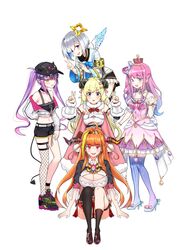  5girls absurdres amane_kanata artpatient bangs bibi_(tokoyami_towa) blunt_bangs bow breasts candy_hair_ornament crown dragon_girl dragon_horns food-themed_hair_ornament gradient_hair green_eyes hair_ornament halo heterochromia highres himemori_luna hololive hood hooded_track_jacket horns jacket kiryu_coco large_breasts long_hair mini_crown multicolored multicolored_eyes multicolored_hair multiple_girls one_side_up pink_hair princess purple_hair sheep_horns star_halo streaked_hair striped striped_bow tokoyami_towa track_jacket tsunomaki_watame violet_eyes virtual_youtuber wavy_hair white_background 