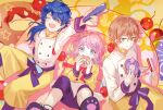  3boys amemura_ramuda apron arisugawa_dice arm_support arm_up bangs black_footwear black_pants blue_eyes blue_hair blush bow bowtie brown_hair buttons chef_uniform cherry closed_eyes commentary crossed_bangs doughnut earrings eating feet_out_of_frame fling_posse food fruit green_eyes holding holding_food holding_tongs hypnosis_mic jewelry kanose light_smile long_hair looking_at_viewer male_focus multiple_boys open_mouth pants paw_print_soles pink_hair ponytail red_neckwear shirt sidelocks smile tassel tassel_earrings tongs waist_apron white_apron white_shirt yellow_apron yellow_background yellow_pants yellow_shirt yellow_theme yumeno_gentarou 