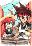  1boy 1girl ahoge brown_hair cooking fingerless_gloves forehead_protector gloves green_eyes grill guilty_gear guilty_gear_strive halo highres jack-o&#039;_valentine long_hair multicolored_hair redhead setz sol_badguy two-tone_hair 
