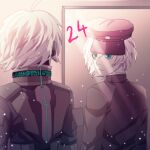  1boy ahoge android bangs black_jacket cheer_(cheerkitty14) dangan_ronpa_(series) dangan_ronpa_v3:_killing_harmony from_behind green_eyes grey_hair hair_between_eyes hat highres jacket keebo long_sleeves looking_at_another mirror number official_alternate_costume power_armor school_uniform short_hair upper_body 