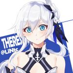  1girl absurdres bangs bare_shoulders blue_eyes closed_mouth hair_between_eyes hair_ornament highres honkai_(series) honkai_impact_3rd jiaoxiang_tc long_hair looking_at_viewer ponytail solo theresa_apocalypse theresa_apocalypse_(twilight_paladin) white_background white_hair 