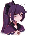  1girl ahoge alternate_hairstyle bow choker genshin_impact grey_eyes hair_between_eyes hair_bow heart highres knifewaifu long_hair looking_at_viewer mona_(genshin_impact) ponytail purple_hair simple_background solo upper_body watermark white_background 