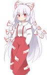  1girl bangs bow closed_mouth esu_(wgdg3833) fujiwara_no_mokou hair_bow hands_in_pockets highres long_hair ofuda ofuda_on_clothes red_eyes shirt silver_hair simple_background suspenders touhou very_long_hair white_background white_shirt 