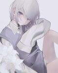  1girl absurdres blurry blurry_foreground closed_mouth collared_shirt flower grey_hair head_tilt highres long_sleeves looking_at_viewer migihidari_(puwako) original purple_vest shirt sleeves_past_fingers sleeves_past_wrists solo tears vest violet_eyes white_flower white_shirt wing_collar 
