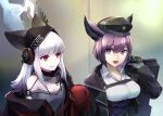  2girls :d animal_ears arknights bangs bare_shoulders beret black_headwear black_jacket collar commentary_request dur-nar_(arknights) e-bushi fox_ears frostleaf_(arknights) grey_shirt hat highres jacket long_hair long_sleeves looking_at_another multiple_girls off-shoulder_shirt off_shoulder open_clothes open_jacket open_mouth purple_hair red_eyes red_jacket shirt silver_hair smile upper_body violet_eyes white_shirt 