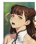  1girl absurdres bangs bare_shoulders black_survival blunt_bangs brown_hair bymjim chinese_clothes collarbone double_bun english_commentary hair_ribbon highres li_dailin long_hair looking_at_viewer open_mouth ribbon sleeveless solo yellow_eyes 