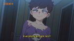  1girl black_hair blue_eyes blurry blurry_background blush collarbone copyright_request earrings english_text freckles highres indoors jcm2 jewelry looking_at_viewer purple_shirt shirt short_hair skull_print smile solo upper_body violet_eyes 