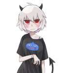  1girl ahoge alternate_costume black_tail breasts crossover demon_girl demon_tail dragon_quest haiyasa4 helltaker highres looking_at_viewer malina_(helltaker) medium_breasts red_eyes shirt short_hair slime_(dragon_quest) t-shirt tail upper_body white_hair 