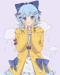  1girl ame_ame blue_eyes blue_hair bow clouds crying eyebrows_visible_through_hair hair_bow hand_on_own_face highres hood hoodie original ribbon short_hair simple_background solo yellow_hoodie 