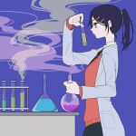  1girl black_hair black_neckwear blue_background brown_eyes bubble coat erlenmeyer_flask grey_coat hair_ornament hairclip long_sleeves necktie original pocket ponytail red_sweater round-bottom_flask shi_oo simple_background smoke solo sweater test_tube upper_body 
