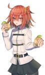  1girl ahoge apple black_legwear black_skirt breasts chaldea_uniform cowboy_shot fate/grand_order fate_(series) food fruit fujimaru_ritsuka_(female) hair_ornament hair_scrunchie highres holding holding_food holding_fruit kuwowo long_sleeves miniskirt orange_eyes orange_hair panties pleated_skirt scrunchie side_ponytail skirt small_breasts solo underwear yellow_scrunchie 