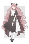  1girl ame_ame bangs black_footwear braid brown_hair closed_eyes closed_mouth curly_hair dress frills full_body grey_background highres long_dress long_hair original solo very_long_hair white_background white_legwear wide_sleeves 