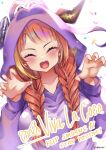  1girl animal_costume artist_name bangs braid closed_eyes dragon_costume dragon_girl dragon_hood dragon_horns eyebrows_visible_through_hair facing_viewer highres hololive hood hood_up horns kimgaby kiryu_coco open_mouth orange_hair twin_braids virtual_youtuber 