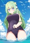  1girl alternate_costume arm_behind_back bangs bare_arms bird blue_eyes blue_sky blush breasts clothes_pull clouds commentary_request eyebrows_visible_through_hair frog_hair_ornament from_below green_hair hair_ornament hair_tubes kochiya_sanae large_breasts long_hair looking_at_viewer looking_down ocean old_school_swimsuit rururiaru school_swimsuit sky smile snake_hair_ornament solo swimsuit swimsuit_pull touhou very_long_hair wading water_drop 
