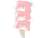  &gt;_&lt; bow closed_eyes disembodied_head eyebrows_visible_through_hair hair_bow ice_cream_cone redhead sekibanki short_hair simple_background stack touhou white_background zenerat 