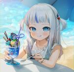  1girl :q bangs beach beach_umbrella bloop_(gawr_gura) blue_eyes blue_hair blue_nails blunt_bangs blush day eating fingernails food frilled_sleeves frills gawr_gura gotoh510 hair_ornament highres hololive hololive_english ice_cream long_hair multicolored_hair nail_polish open_mouth shark_hair_ornament shirt short_sleeves silver_hair smile solo streaked_hair summer suspenders tongue tongue_out two_side_up umbrella virtual_youtuber white_shirt 