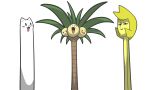  0_0 1girl :3 alolan_exeggutor alolan_form animal annoying_dog black_eyes blank_eyes blonde_hair blush blush_stickers colored_skin crossover dog fang fangs gen_7_pokemon happy highres kaips looking_at_another looking_at_viewer looking_to_the_side open_mouth pokemon pokemon_(creature) short_hair simple_background smile steven_universe tongue tongue_out tree undertale white_background yellow_diamond_(steven_universe) yellow_skin 