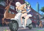  2girls :d antenna_hair antlers bangs bird blue_eyes blue_sky braid building building_block casual city deer eliskalti ground_vehicle helmet highres honkai_(series) honkai_impact_3rd kiana_kaslana long_hair motor_vehicle motorcycle motorcycle_helmet multiple_girls open_mouth outdoors purple_hair raiden_mei riding road shorts skirt sky sleeveless smile twin_braids violet_eyes white_hair white_skirt 