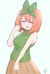  1girl :d ^_^ bangs bare_arms bare_shoulders blue_background blush breasts brown_skirt closed_eyes commentary eyebrows_behind_hair facing_viewer go-toubun_no_hanayome green_ribbon green_sweater hair_between_eyes hair_ribbon hand_up highres kujou_karasuma medium_breasts nakano_yotsuba open_mouth orange_hair pleated_skirt ribbed_sweater ribbon signature simple_background skirt sleeveless sleeveless_sweater sleeveless_turtleneck smile solo sweater symbol_commentary turtleneck 