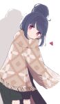  1girl absurdres blue_hair blush coat commentary_request danhuyu dot_nose expressionless eyebrows_visible_through_hair green_coat hair_bun head_tilt highres long_coat looking_at_viewer shadow shawl shima_rin solo triangle upper_body violet_eyes winter_clothes yurucamp 