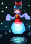  1girl :d absurdres bangs black_eyes black_hair blush_stickers bow bright_pupils commentary_request cookie_(touhou) dress eyebrows_visible_through_hair floating frilled_bow frilled_hair_tubes frills full_body glowing hair_bow hair_tubes hakurei_reimu highres hotaruda_(cookie) long_hair looking_at_viewer necktie open_mouth psychic_parrot red_bow red_dress sleeves_past_wrists smile solo touhou white_pupils yellow_neckwear 