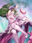  1girl breasts dress female fire_emblem fire_emblem:_mystery_of_the_emblem green_hair intelligent_systems long_hair manakete midair nagi_(fire_emblem) nintendo pink_clothes pink_dress pointy_ears ruby_(gemstone) shiny solo thighhighs 