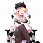  1girl blonde_hair blue_eyes breasts chair crossed_legs ejami hat long_hair looking_at_viewer one_eye_closed open_mouth original sample simple_background sitting sleeves_past_wrists smile solo thigh-highs white_background 