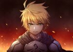  1boy angry armor arsh_(thestarwish) arthur_pendragon_(fate) bangs blonde_hair blue_scarf brown_background closed_mouth fate/grand_order fate_(series) frown gradient gradient_background green_eyes highres looking_at_viewer male_focus orange_background red_background scarf shiny shiny_hair short_hair shoulder_plates solo upper_body 