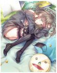  1boy asymmetrical_legwear bangs bed bed_sheet black_mask blunt_bangs book brown_hair cellphone dr. gretel_(sinoalice) holding holding_phone legband long_sleeves lying male_focus mask mouth_mask on_side otoko_no_ko phone pillow shirt sidelocks sinoalice solo star_(symbol) surgical_mask t-shirt thigh-highs zettai_ryouiki 