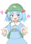  1girl :d backpack bag bangs blue_eyes blue_hair esu_(wgdg3833) green_headwear hair_bobbles hair_ornament hat heart highres kawashiro_nitori looking_at_viewer open_arms open_mouth outstretched_arms short_hair simple_background skirt smile spread_arms touhou white_background 