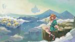  bare_shoulders blonde_hair breath_of_the_wild_2 clouds cloudy_sky green_eyes highres leaf leaning_back leather_belt leaves_in_wind link male_focus minwabu mountainous_horizon sandals sky the_legend_of_zelda the_legend_of_zelda:_breath_of_the_wild wind 
