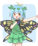  1girl :d absurdres antennae bangs blue_hair brown_eyes bug butterfly_wings dress esu_(wgdg3833) eternity_larva green_dress hand_on_own_chest highres leaf open_mouth short_hair simple_background smile touhou wings 