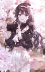  1girl :d bangs black_hair black_shirt blurry blurry_background blurry_foreground camera cardcaptor_sakura commentary_request daidouji_tomoyo day depth_of_field eyebrows_visible_through_hair flower hair_intakes hairband highres holding holding_camera long_hair long_sleeves looking_at_viewer mattang open_mouth outdoors pink_hairband pleated_skirt sailor_collar school_uniform serafuku shirt skirt smile solo standing very_long_hair violet_eyes white_flower white_sailor_collar white_skirt 
