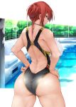  1girl alternate_costume ass azur_lane breasts commentary_request from_behind hands_on_hips highres large_breasts monarch_(azur_lane) oriue_wato pool redhead swimsuit violet_eyes 