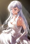  1girl absurdres azur_lane bangs bare_shoulders belfast_(azur_lane) belfast_(claddagh_ring&#039;s_vow)_(azur_lane) blue_eyes breasts bridal_gauntlets chain choker collarbone commentary_request dress earrings elbow_gloves eyebrows_visible_through_hair gloves gradient_hair highres jewelry large_breasts long_hair looking_away multicolored_hair parted_lips sidelocks simple_background smile solo strapless strapless_dress wedding_dress white_dress white_gloves white_hair yuki_(asayuki101) 