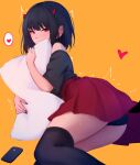  1girl ass bangs black_hair black_legwear black_nails black_panties black_shirt blush cellphone covered_mouth demon_girl demon_horns demon_tail eyebrows_visible_through_hair heart highres horns nail_polish off-shoulder_shirt off_shoulder orange_background original panties phone pillow pillow_hug pleated_skirt red_eyes red_skirt shimmer shirt short_sleeves simple_background skirt solo spoken_heart tail thigh-highs underwear wide_sleeves 