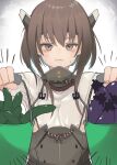  1girl bangs breasts brown_eyes brown_hair bucket cucumber dated eggplant eyebrows_visible_through_hair food gradient gradient_background hair_between_eyes headband headgear highres holding holding_bucket kantai_collection looking_at_viewer ruohire9 short_hair simple_background small_breasts solo sweat taihou_(kancolle) twitter_username upper_body vegetable 