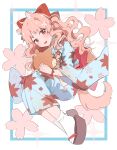  1girl ame_ame animal_ears bow brown_eyes cherry_blossoms curly_hair dog dog_ears fang full_body hair_bow hair_ornament hairclip highres hug japanese_clothes kimono new_year original pink_hair skin_fang socks wide_sleeves x_hair_ornament 