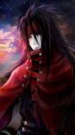  1boy belt black_hair buckle cloak final_fantasy final_fantasy_vii gloves hasura_(coconutice) headband highres image_sample long_hair looking_at_viewer messy_hair pale_skin red_cloak red_eyes red_headband twitter_sample vincent_valentine 