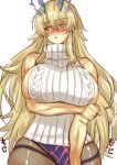  1girl bangs bare_shoulders black_skirt blonde_hair breasts brown_legwear fate/grand_order fate_(series) gawain_(fairy_knight)_(fate) green_eyes heterochromia horns large_breasts long_hair looking_to_the_side pantyhose pelvic_curtain red_eyes ribbed_sweater satou_(kuso-neet) sideboob skirt sleeveless sleeveless_turtleneck sweat sweater turtleneck white_sweater 