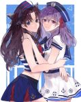  2girls bangs bare_arms bare_shoulders black_bow blue_eyes blue_headwear blue_skirt bow brown_hair cowboy_shot dress eyebrows_visible_through_hair fate/stay_night fate_(series) hair_between_eyes hair_ribbon hat highres hug long_hair looking_at_viewer matou_sakura multiple_girls purple_hair red_ribbon red_skirt ribbon sailor_dress shimatori_(sanyyyy) shiny shiny_hair sisters skirt smile striped tohsaka_rin two_side_up violet_eyes 