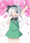  1girl absurdres bangs black_hairband bow bowtie esu_(wgdg3833) green_eyes green_skirt green_vest hair_ribbon hairband highres konpaku_youmu konpaku_youmu_(ghost) one_eye_closed open_mouth ribbon short_hair silver_hair simple_background skirt sleepy touhou vest yawning 