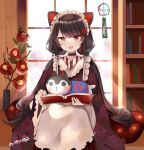  1girl :d animal_ears apron bangs black_choker black_hair blush book bookshelf brown_eyes brown_kimono choker commentary_request dog_ears dog_hair_ornament eyebrows_visible_through_hair fangs flower frilled_apron frills hair_flower hair_ornament heterochromia holding holding_book inui_toko japanese_clothes kimono long_sleeves looking_at_viewer lunacats maid_headdress nijisanji open_book open_mouth red_eyes red_flower sitting smile solo virtual_youtuber white_apron wide_sleeves wind_chime window 