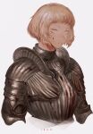  1girl armor artist_name bangs blood blood_on_face bob_cut breastplate closed_mouth cropped_torso frown grey_eyes highres ibuo_(ibukht1015) knight looking_away looking_to_the_side original short_hair simple_background solo striped upper_body white_background 
