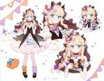  ame_ame bandages blonde_hair blue_eyes braid braided_ponytail brown_footwear chibi closed_mouth crying demon_tail detached_sleeves full_body hair_ornament hairclip loose_socks open_mouth original pointy_ears tail tears watermark 