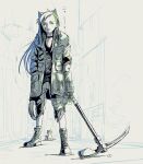  1girl animal_ears belt boots cargo_shorts cat cat_ears choker colalrbone from_below fur_collar hand_in_pocket highres holding_pickaxe jacket kokudou_juunigou limited_palette long_hair looking_at_viewer open_mouth original pickaxe pocket shirt shorts sketch solo standing straight_hair t-shirt torn_clothes undercut upper_teeth urban 